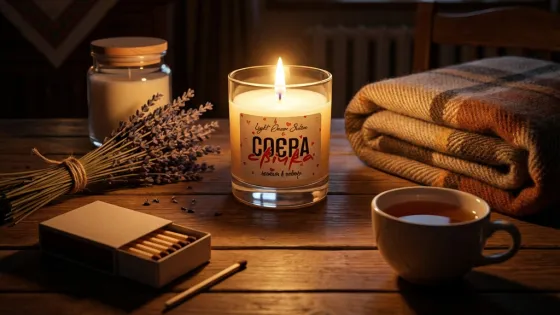 Соєва свічка на столі світиться в темряві