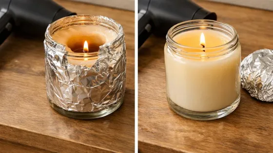 A cozy, minimalist scene with a candle in a glass jar with visible tunneling of the candle before and after the repair.