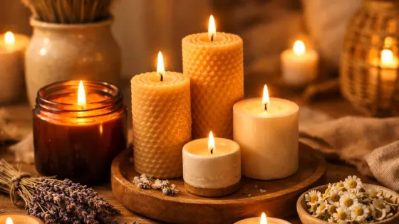 Затишний інтер’єр з м’яким світлом свічок із соєвого та бджолиного воску на дерев’яній поверхні, що створює спокійну й гармонійну атмосферу дому.