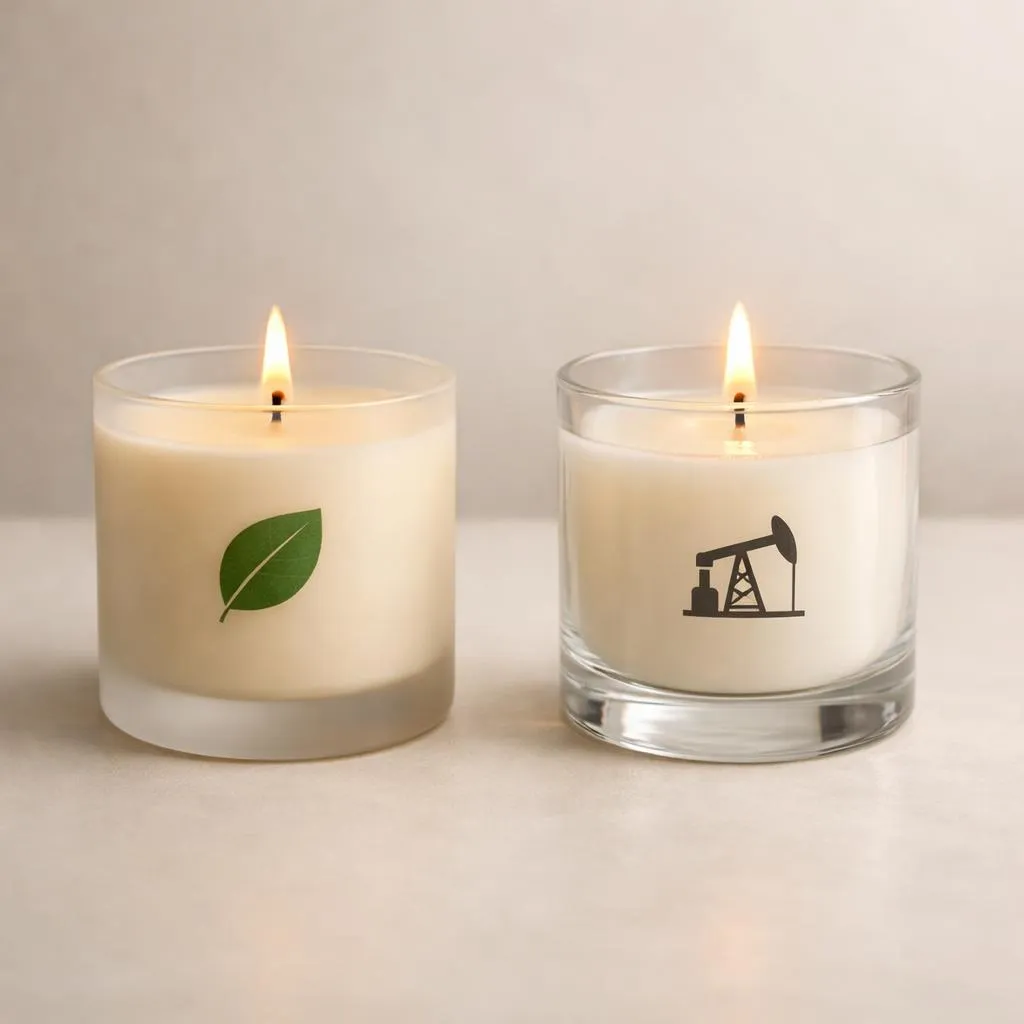 Дві свічки поруч, одна соєва воскова свічка з етикеткою у вигляді зеленого листя та одна парафінова воскова свічка у прозорій скляній банці.